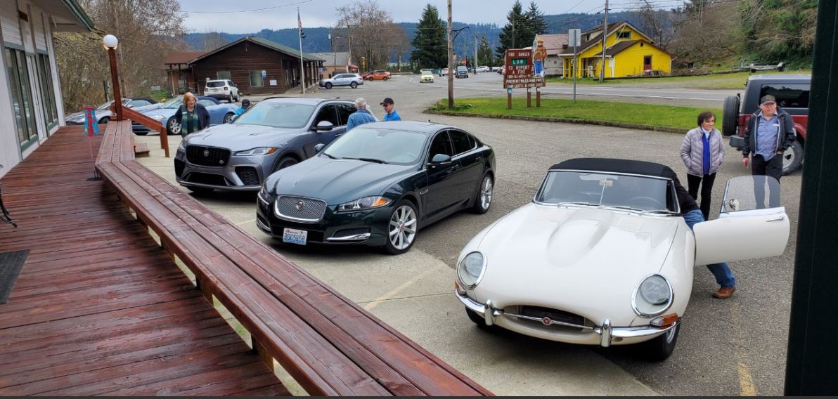 Vehicle on left is Craig and Wendy's new F Pace SVR, then Kent and Lisa Wikens XF and Art Foley's E-Type.